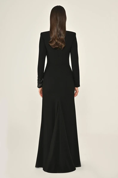 Degaje Yaka Krep Uzun Abiye Elbise Alfa Beta B7020 - 4