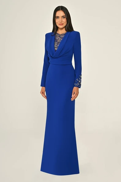 Degaje Yaka Krep Uzun Abiye Elbise Alfa Beta B7020 - 10