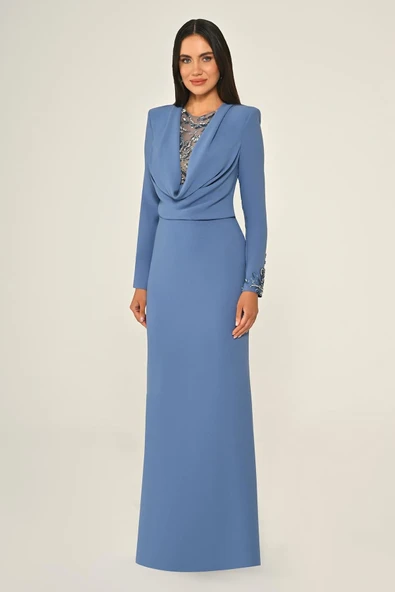 Degaje Yaka Krep Uzun Abiye Elbise Alfa Beta B7020 - 6