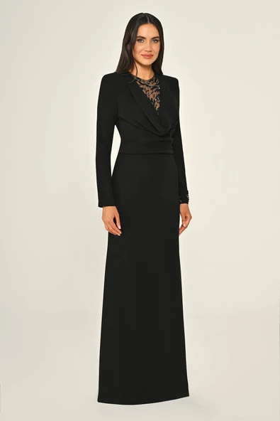 Degaje Yaka Krep Uzun Abiye Elbise Alfa Beta B7020 - 3