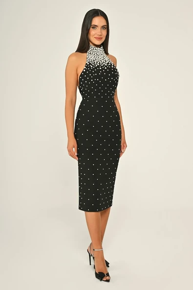 Halter Yaka Boncuklu Krep Midi Abiye Elbise Alfa Beta B7028 - Resim 3