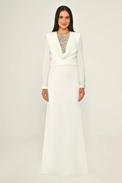 Degaje Yaka Krep Uzun Abiye Elbise Alfa Beta B7020 - 12