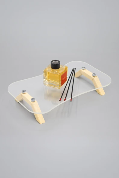 Ahşap Ayaklı Gümüş Düğmeli Şeffaf Pleksi Sunumluk,Organizer