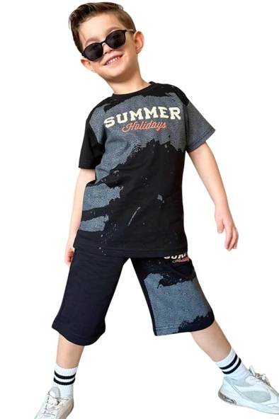 Erkek Çocuk Summer Yazı Baskılı  Cep ve İp Detaylı Siyah Şortlu Takım - 4