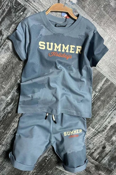 Erkek Çocuk Summer Yazı Baskılı  Cep ve İp Detaylı Mavi Şortlu Takım ürün görseli