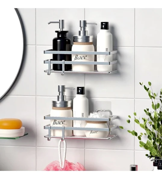 Banyo Düzenleyici Yapışkanlı Metal Banyo Rafı İkili Duş Rafı Organizer Şampuanlık Krom-GNRL281 - 6