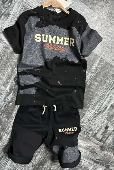 Erkek Çocuk Summer Yazı Baskılı  Cep ve İp Detaylı Siyah Şortlu Takım - Resim 8