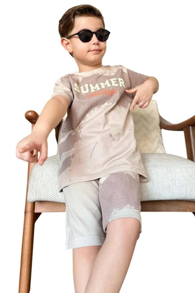 Erkek Çocuk Summer Yazı Baskılı  Cep ve İp Detaylı Bej Şortlu Takım - 6