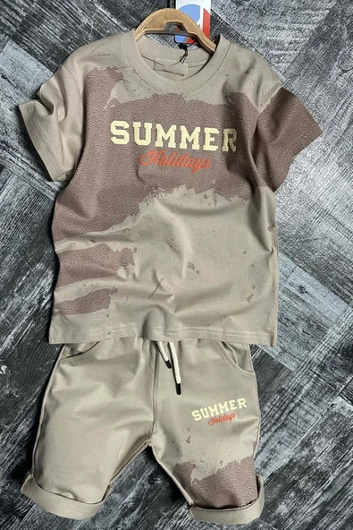 Erkek Çocuk Summer Yazı Baskılı  Cep ve İp Detaylı Bej Şortlu Takım - Resim 8