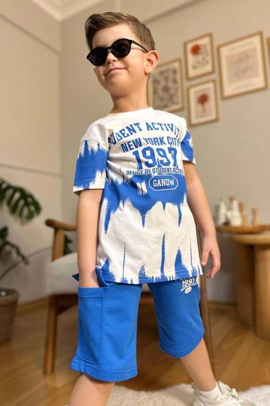 Erkek Çocuk New York City ve Yazı Baskılı T-Shirt Mavi Şortlu Takım - Resim 3