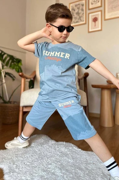 Erkek Çocuk Summer Yazı Baskılı  Cep ve İp Detaylı Mavi Şortlu Takım - Resim 3