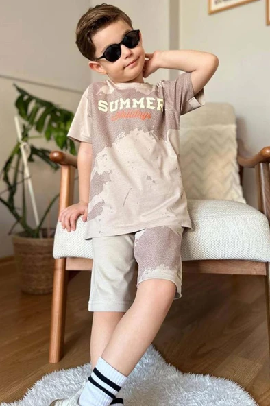 Erkek Çocuk Summer Yazı Baskılı  Cep ve İp Detaylı Bej Şortlu Takım - 2
