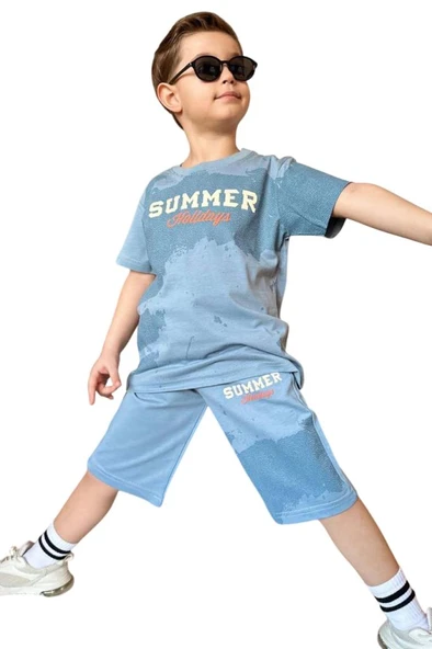 Erkek Çocuk Summer Yazı Baskılı  Cep ve İp Detaylı Mavi Şortlu Takım - Resim 5