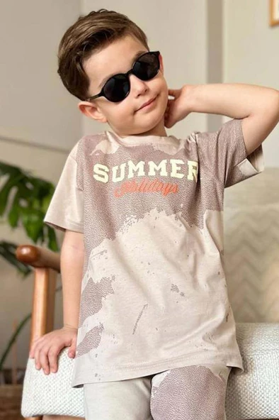 Erkek Çocuk Summer Yazı Baskılı  Cep ve İp Detaylı Bej Şortlu Takım - 4
