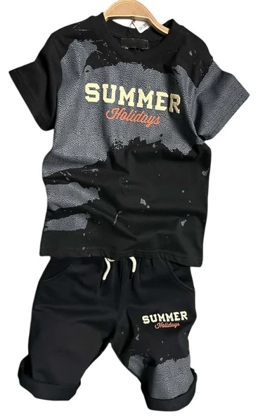 Erkek Çocuk Summer Yazı Baskılı  Cep ve İp Detaylı Siyah Şortlu Takım - 5