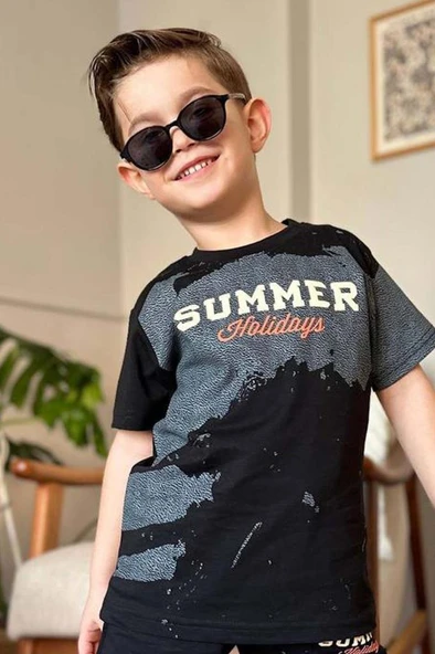 Erkek Çocuk Summer Yazı Baskılı  Cep ve İp Detaylı Siyah Şortlu Takım - 3