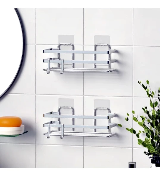 Banyo Düzenleyici Yapışkanlı Metal Banyo Rafı İkili Duş Rafı Organizer Şampuanlık Krom-GNRL281 - 2
