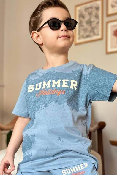 Erkek Çocuk Summer Yazı Baskılı  Cep ve İp Detaylı Mavi Şortlu Takım - Resim 4