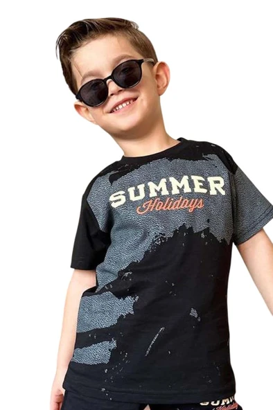 Erkek Çocuk Summer Yazı Baskılı  Cep ve İp Detaylı Siyah Şortlu Takım - 7