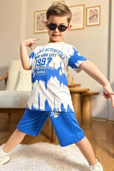 Erkek Çocuk New York City ve Yazı Baskılı T-Shirt Mavi Şortlu Takım - Resim 2
