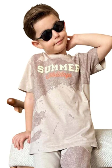 Erkek Çocuk Summer Yazı Baskılı  Cep ve İp Detaylı Bej Şortlu Takım - 7