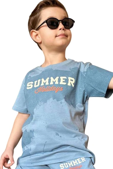 Erkek Çocuk Summer Yazı Baskılı  Cep ve İp Detaylı Mavi Şortlu Takım - Resim 7