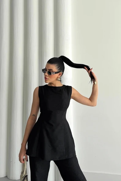 JAKAR KETEN KOLSUZ BLUZ-PANTOLON TK - Siyah