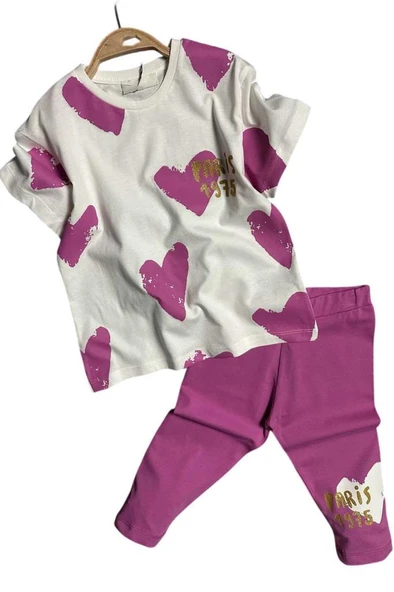 Kız Çocuk Üzeri Kalp Desen ve Paris Yazı Baskılı Kapri Mor Taytlı Takım - Resim 2