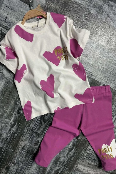 Kız Çocuk Üzeri Kalp Desen ve Paris Yazı Baskılı Kapri Mor Taytlı Takım - Resim 6