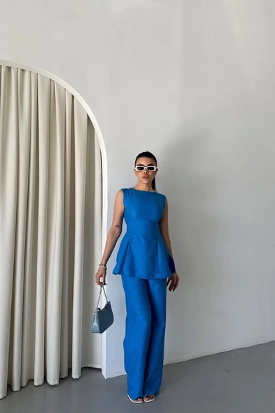 JAKAR KETEN KOLSUZ BLUZ-PANTOLON TK - Mavi ürün görseli