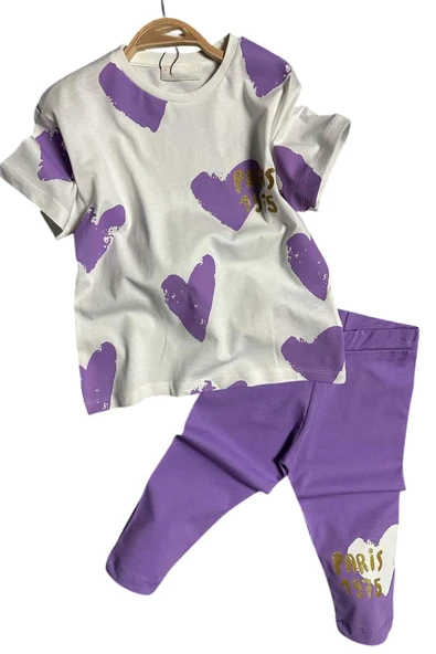 Kız Çocuk Üzeri Kalp Desen ve Paris Yazı Baskılı Kapri Lila Taytlı Takım - Resim 7