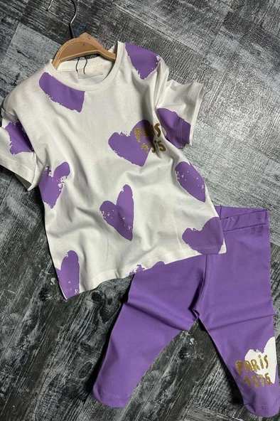 Kız Çocuk Üzeri Kalp Desen ve Paris Yazı Baskılı Kapri Lila Taytlı Takım ürün görseli
