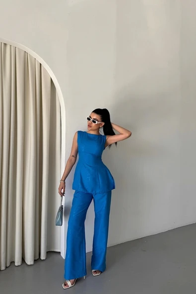 JAKAR KETEN KOLSUZ BLUZ-PANTOLON TK - Mavi - Resim 4