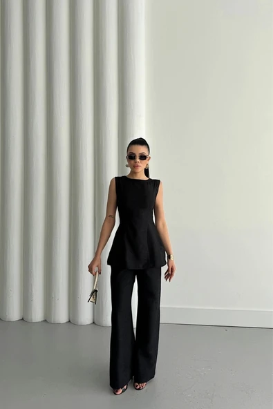 JAKAR KETEN KOLSUZ BLUZ-PANTOLON TK - Siyah - 3