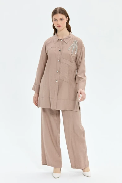 Müsemma Oversize Gömlek Yaka Uzun Kol Kadın Takım - Günlük & Şık - 2
