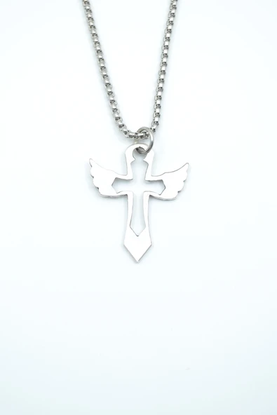 Kanatlı Haç Gümüş Kaplama Örme Zincir Kolye ürün görseli 1