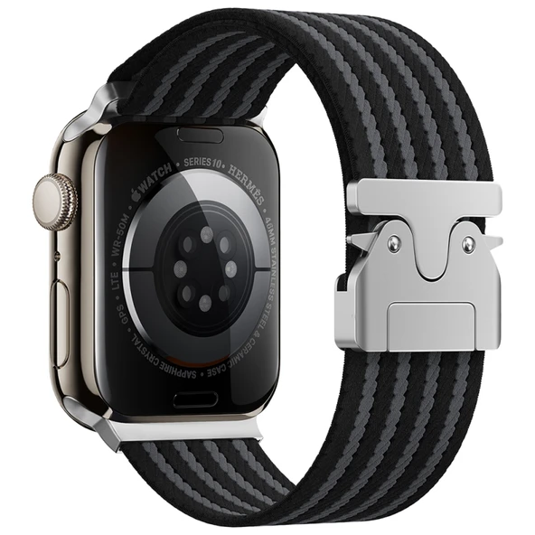 Apple Watch 45mm Kordon Hasır Naylon Örgülü ve Özel Metal Toka Tasarımlı Şık KRD133 Kordon