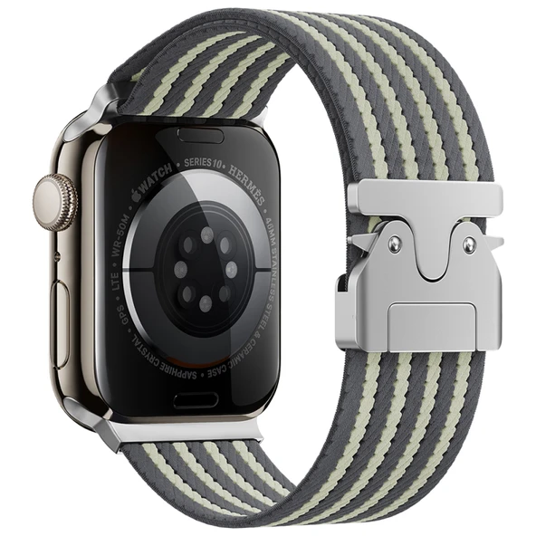 Apple Watch 10 46mm Kordon Hasır Naylon Örgülü ve Özel Metal Toka Tasarımlı Şık KRD133 Kordon