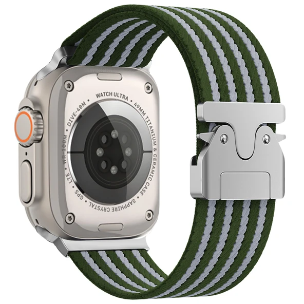 Apple Watch 49mm Kordon Hasır Naylon Örgülü ve Özel Metal Toka Tasarımlı Şık KRD133 Kordon