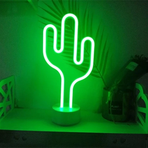 pilelistore Neon Işıklı Kaktüs Masa Gece Lambası USB+Pil Dekoratif Aydınlatma