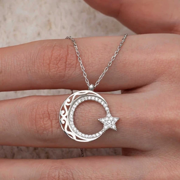 pilelistore Gümüş Desenli Ay Yıldız Kadın Kolye