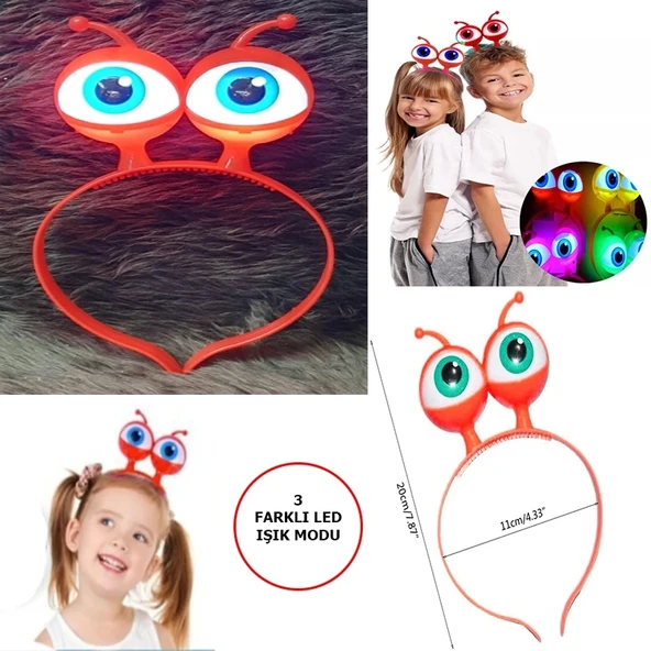 pilelistore Led Işıklı Pilli 3 Farklı Modda Yanan Uzaylı Göz Parti Tacı Kırmızı Renk 18x12 cm