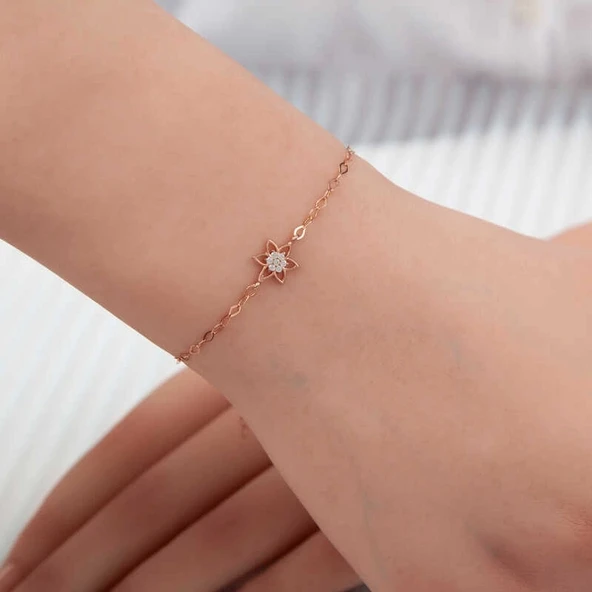 pilelistore 925 Ayar Gümüş Rose Çiçek Kadın Bileklik
