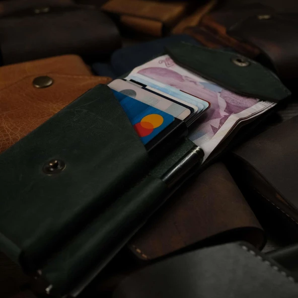 Dikey Mekanizmalı Kalem Kart ve Para Koyma Bölmeli Hakiki Deri Cüzdan ve Kartlık - 6