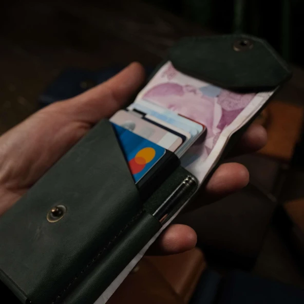 Dikey Mekanizmalı Kalem Kart ve Para Koyma Bölmeli Hakiki Deri Cüzdan ve Kartlık - 2