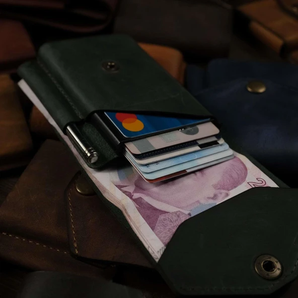 Dikey Mekanizmalı Kalem Kart ve Para Koyma Bölmeli Hakiki Deri Cüzdan ve Kartlık - 5