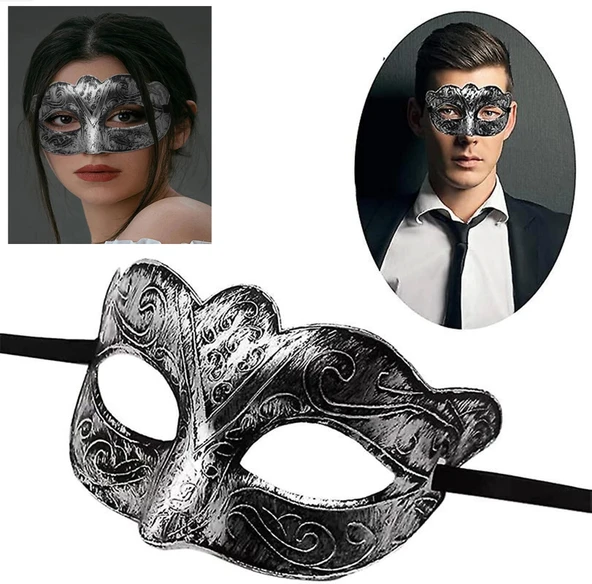 pilelistore Maskeli Balo Antik Gri Gümüş Eskitilmiş Maske Balo Venedik