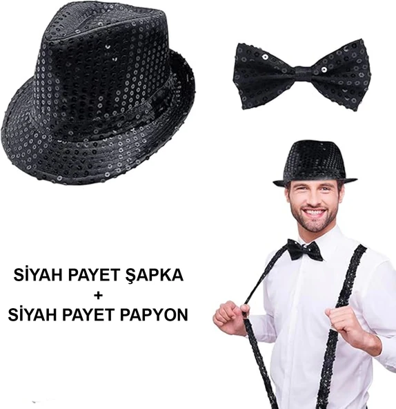 pilelistore Siyah Payetli Şapka ve Papyon Seti – Parıltılı Yetişkin Kostüm Seti