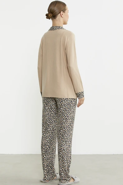 Leopar Kombinli Gömlek Pijama Takım - Bej - 6