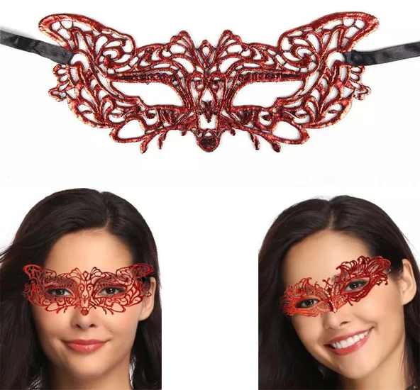 pilelistore Kırmızı Dantel Masquerade Maskesi 9 No